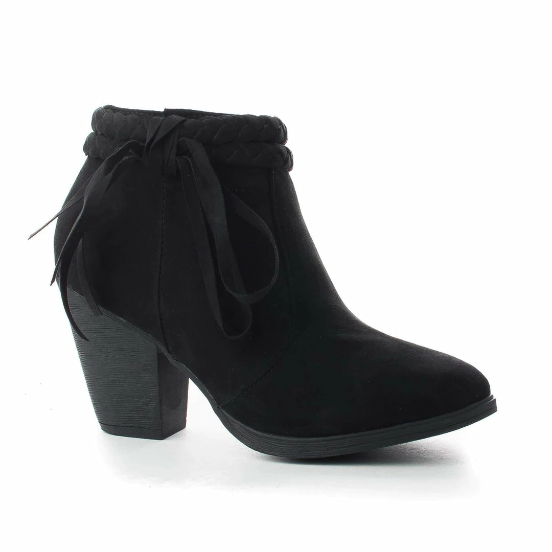 New Shameless By Dollhouse, Braided Fringe Ankle Wrap Western Chunky Heel Bootie