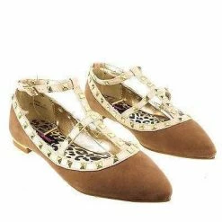 Stunner By Dollhouse, Edgy Metal Studded Patent Strap Ballet Flat Gold Plate Women's Shoes