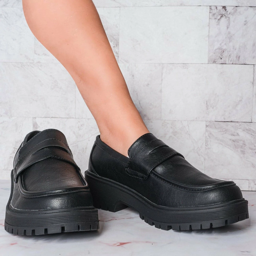 Forever Link New Chief60 Penny Loafers Platform Lug Sole - Vintage Creepers Chunky Work Flat Pumps Shoes Chunky Block Heel