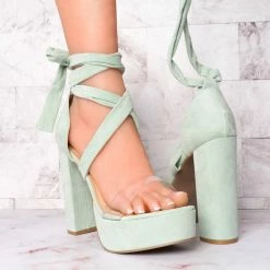 Wild Diva Mia32 Lace Up Block Heel Sandal, Women Leg Wrap Lucite Shoes