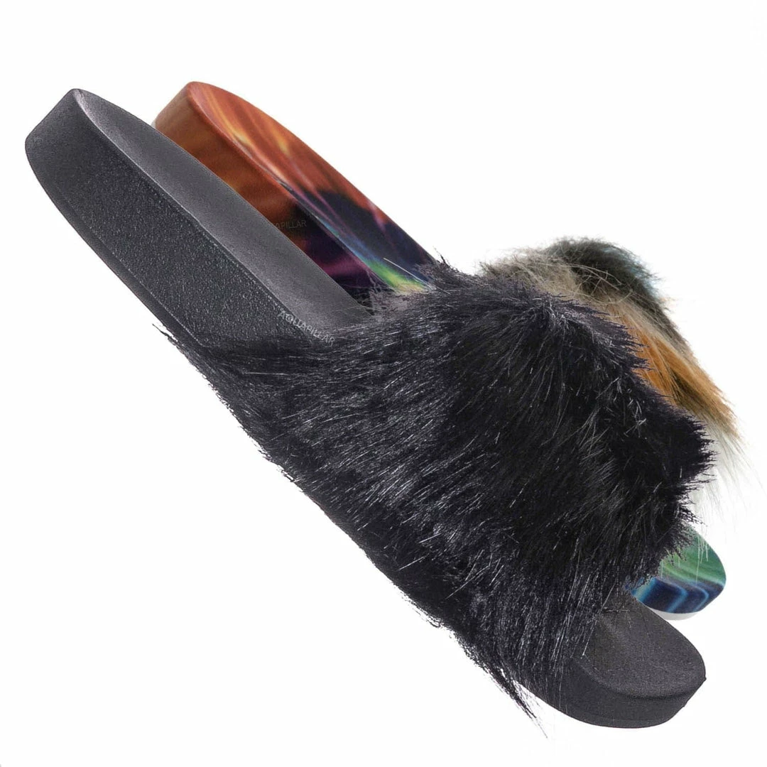 Forever Link New Delma30 Fuzzy Faux Fur Slides - Molded Footbed Shaggy Fluffy Flat Sandal