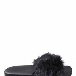 Forever Link New Delma30 Fuzzy Faux Fur Slides - Molded Footbed Shaggy Fluffy Flat Sandal