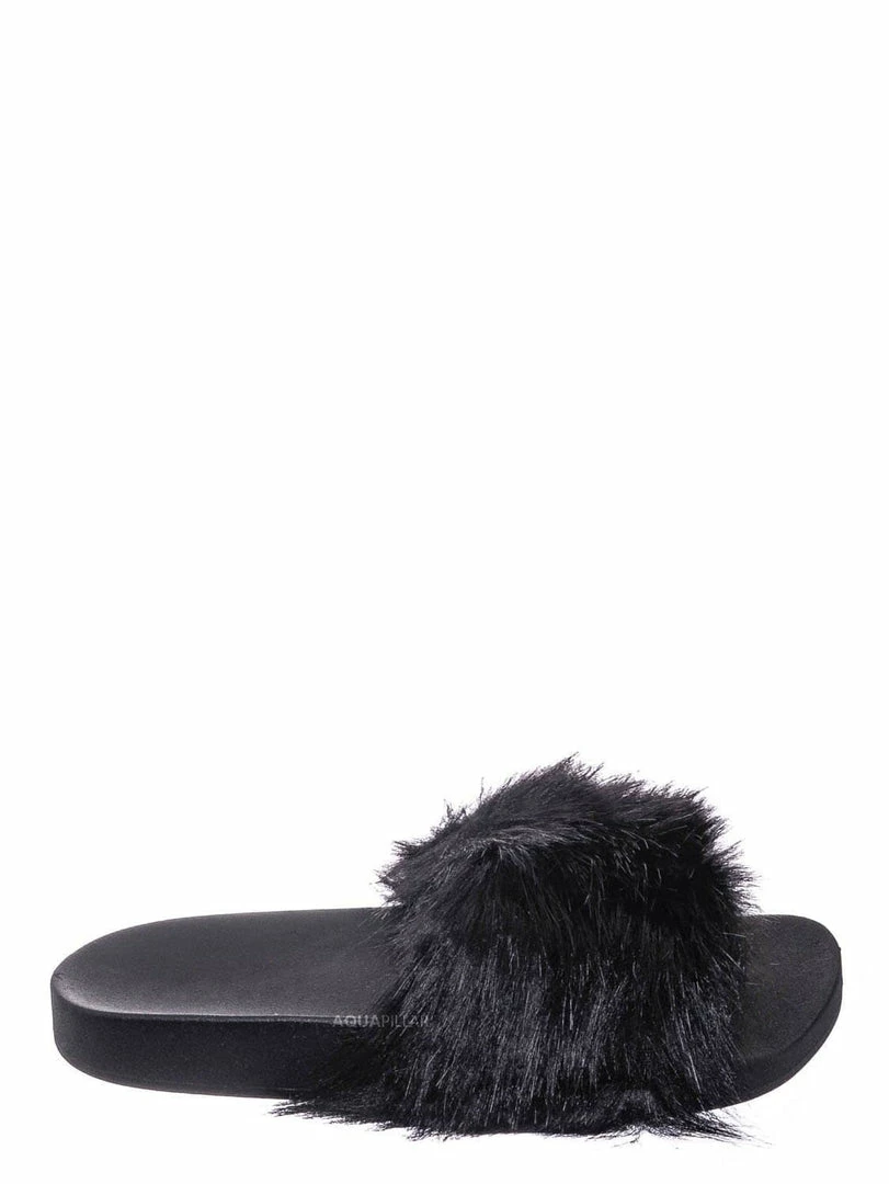 Forever Link New Delma30 Fuzzy Faux Fur Slides - Molded Footbed Shaggy Fluffy Flat Sandal