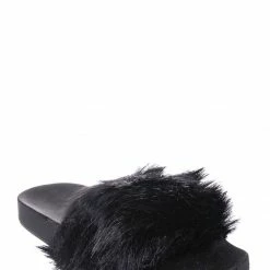 Forever Link New Delma30 Fuzzy Faux Fur Slides - Molded Footbed Shaggy Fluffy Flat Sandal
