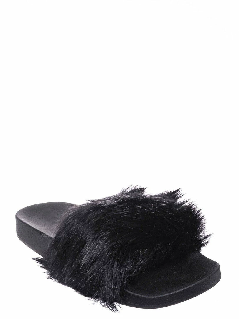 Forever Link New Delma30 Fuzzy Faux Fur Slides - Molded Footbed Shaggy Fluffy Flat Sandal