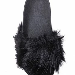 Forever Link New Delma30 Fuzzy Faux Fur Slides - Molded Footbed Shaggy Fluffy Flat Sandal