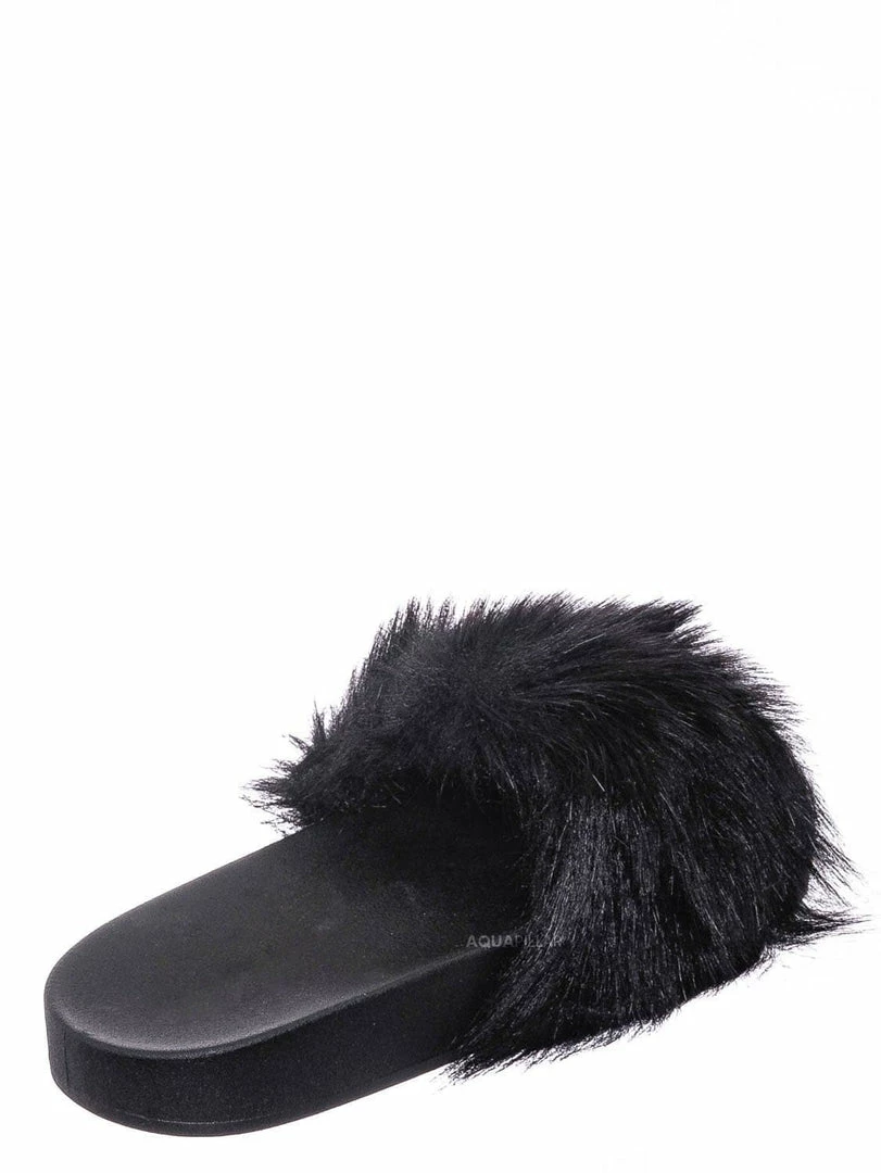 Forever Link New Delma30 Fuzzy Faux Fur Slides - Molded Footbed Shaggy Fluffy Flat Sandal