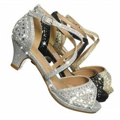 Forever Link New Fantastic91k Children Girl Bling High Block Heel Dress Sandal, Rhinestone Glitter