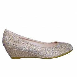 Forever Link New Fisher2 Rhinestone Embellished Mesh Glitter On Low Wedge Dress Pump