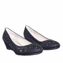 Forever Link New Fisher2 Rhinestone Embellished Mesh Glitter On Low Wedge Dress Pump