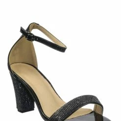 Forever Link Rise9 Rhinestone Chunky Mid Heel Sandals- Womens Crystal Ankle Strapped Shoes New