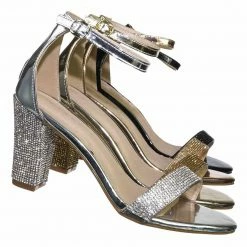 Forever Link Rise9 Rhinestone Chunky Mid Heel Sandals- Womens Crystal Ankle Strapped Shoes New
