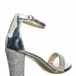 Forever Link Rise9 Rhinestone Chunky Mid Heel Sandals- Womens Crystal Ankle Strapped Shoes New