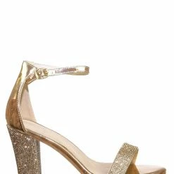 Forever Link Rise9 Rhinestone Chunky Mid Heel Sandals- Womens Crystal Ankle Strapped Shoes New