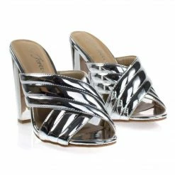 Forever Link Shine91 Chunky Block Heel Slipper Mule, Metallic Party Sandal W Padded Strap New