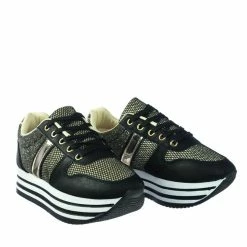 Forever Link New Sponge02 Comfortable Mesh Glitter Flatform Sneaker W Stripped Curved Platform