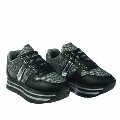 Forever Link New Sponge02 Comfortable Mesh Glitter Flatform Sneaker W Stripped Curved Platform