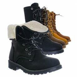 Forever Link New Whitney23 Foldable Lace Up Boot - Faux Fur Shearling Lining Collar Fold Overs