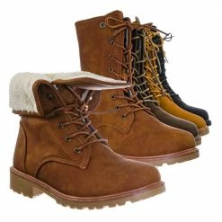 Forever Link New Whitney23 Foldable Lace Up Boot - Faux Fur Shearling Lining Collar Fold Overs