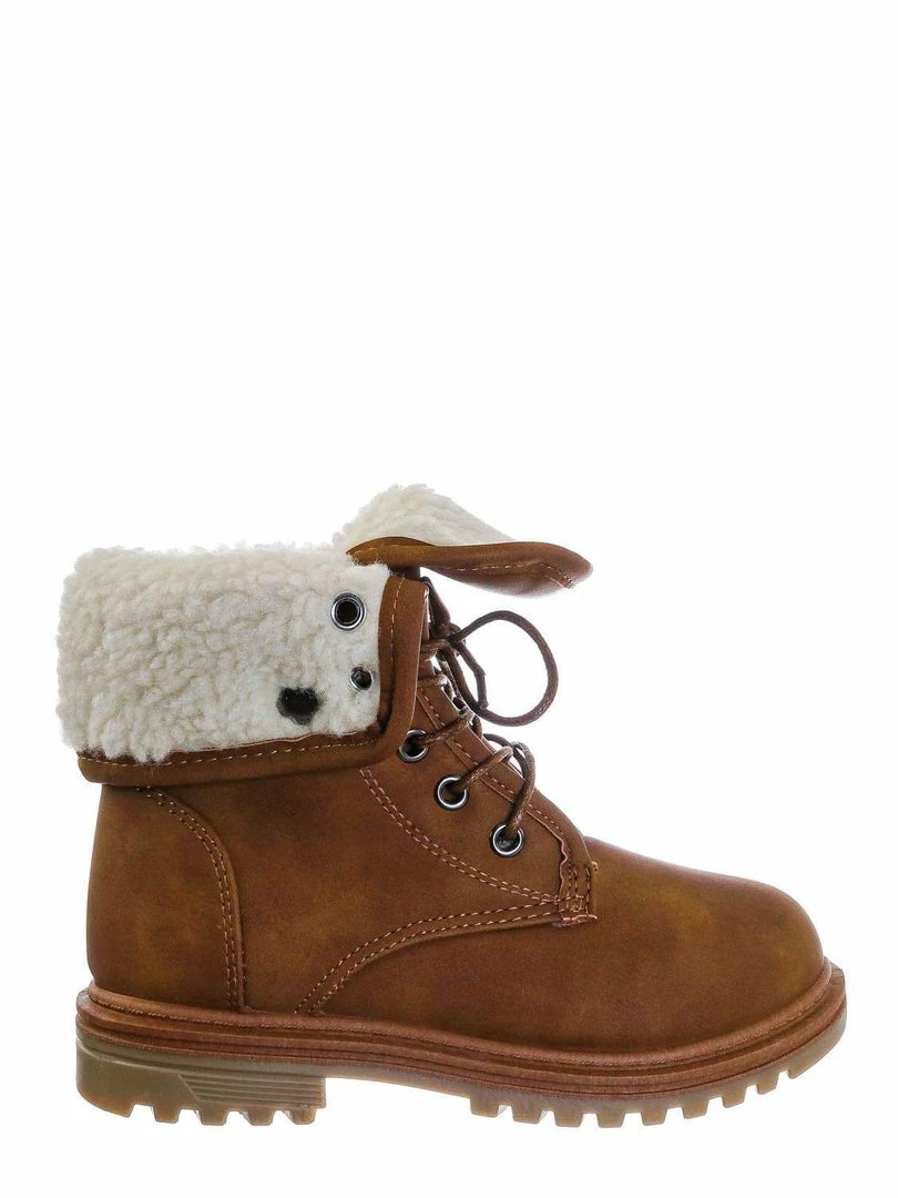 Forever Link New Whitney23K Girl Fold Lace Up Boot - Kid Faux Fur Shearling Lined Folded Collar