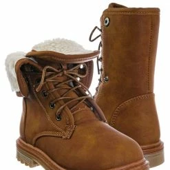 Forever Link New Whitney23K Girl Fold Lace Up Boot - Kid Faux Fur Shearling Lined Folded Collar