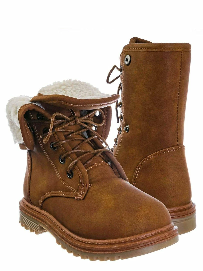 Forever Link New Whitney23K Girl Fold Lace Up Boot - Kid Faux Fur Shearling Lined Folded Collar