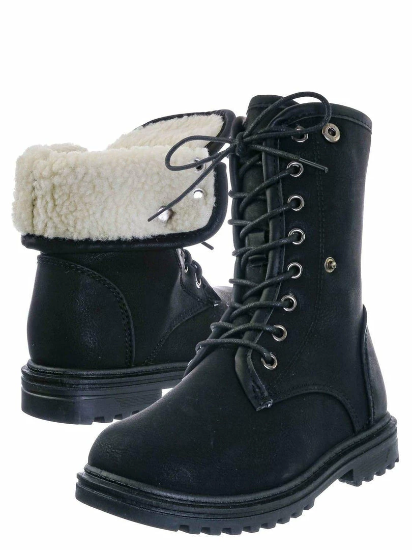 Forever Link New Whitney23K Girl Fold Lace Up Boot - Kid Faux Fur Shearling Lined Folded Collar