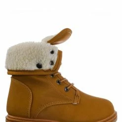 Forever Link New Whitney23K Girl Fold Lace Up Boot - Kid Faux Fur Shearling Lined Folded Collar