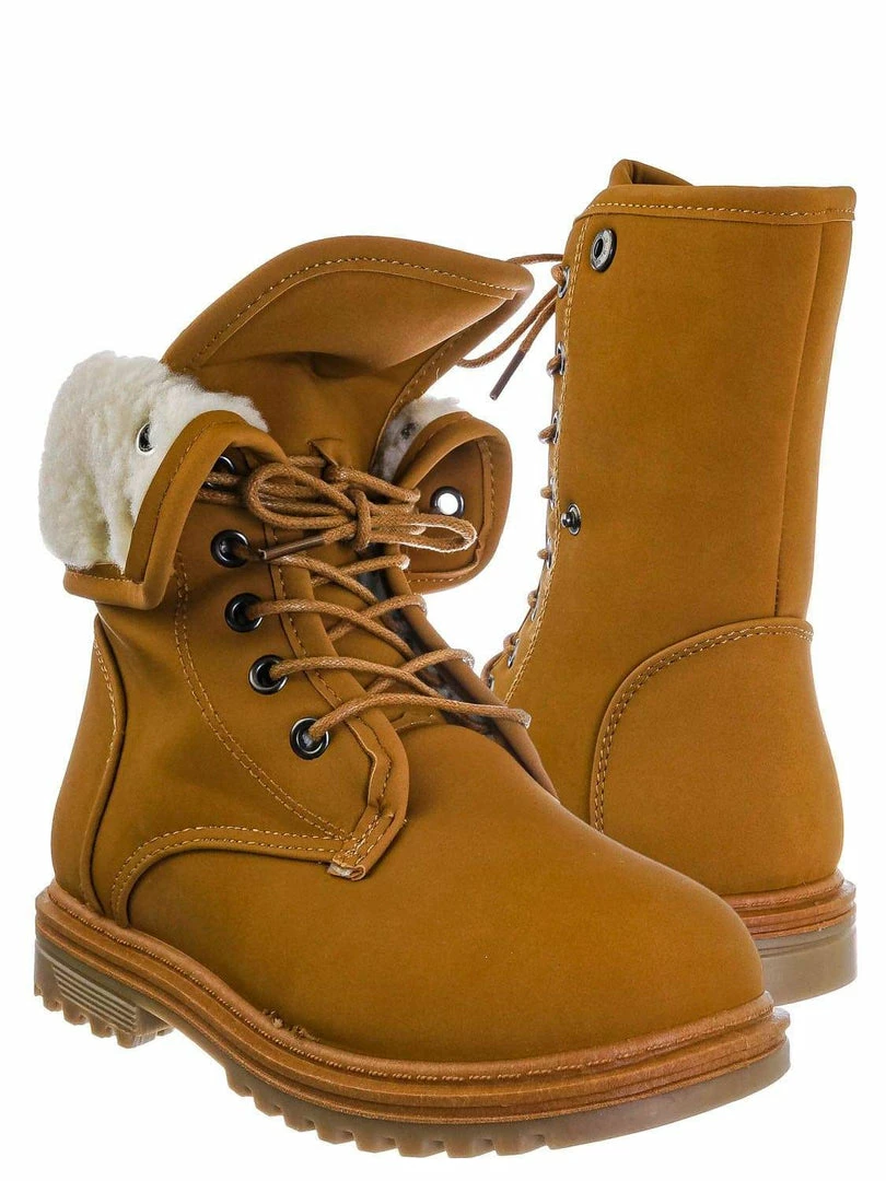 Forever Link New Whitney23K Girl Fold Lace Up Boot - Kid Faux Fur Shearling Lined Folded Collar