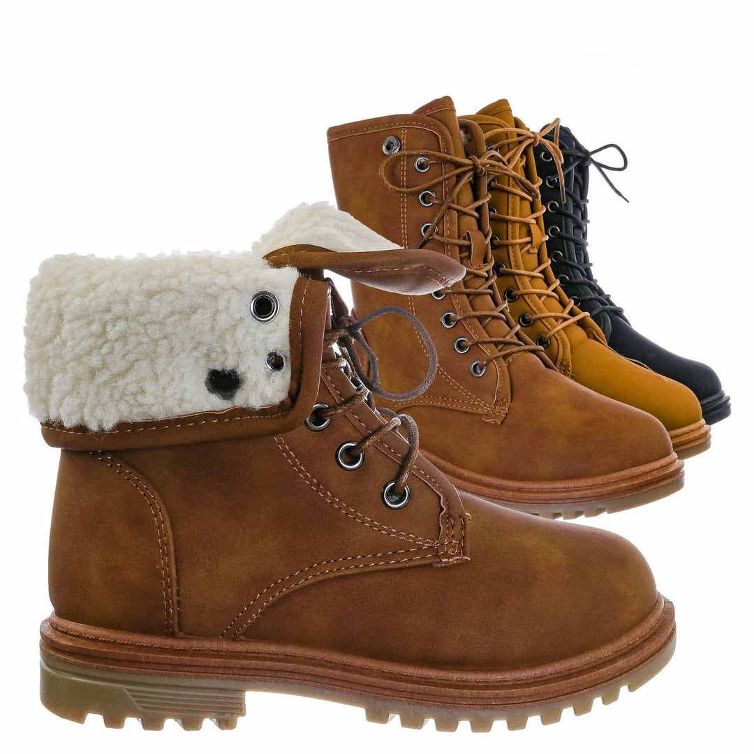 Forever Link New Whitney23K Girl Fold Lace Up Boot - Kid Faux Fur Shearling Lined Folded Collar