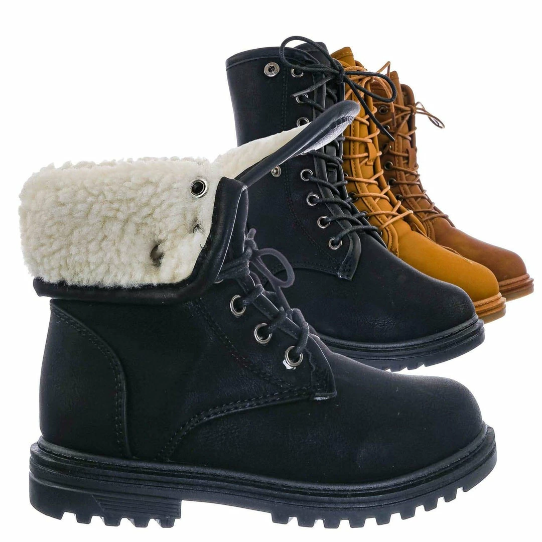 Forever Link New Whitney23K Girl Fold Lace Up Boot - Kid Faux Fur Shearling Lined Folded Collar