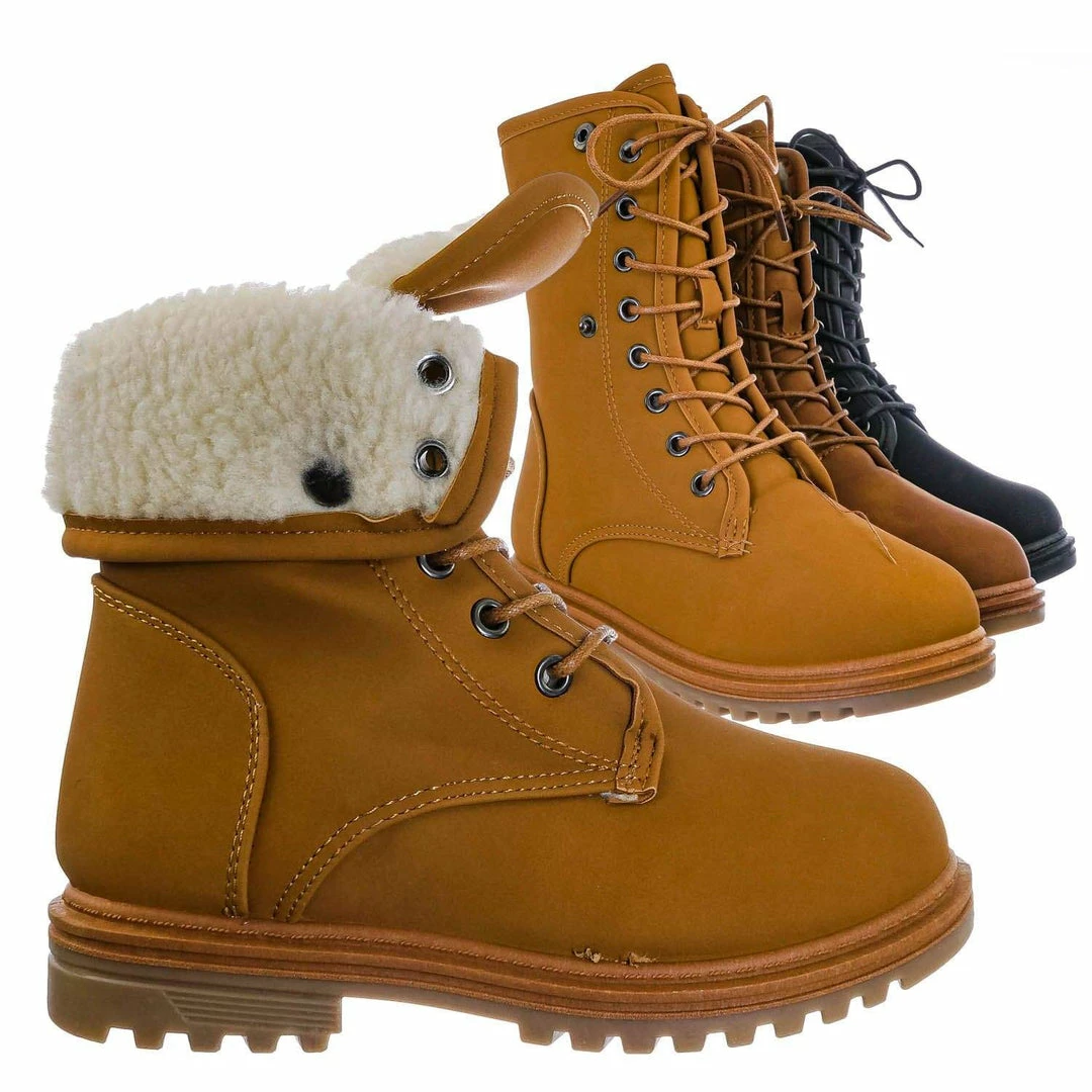 Forever Link New Whitney23K Girl Fold Lace Up Boot - Kid Faux Fur Shearling Lined Folded Collar