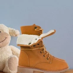 Forever Link New Whitney23K Girl Fold Lace Up Boot - Kid Faux Fur Shearling Lined Folded Collar