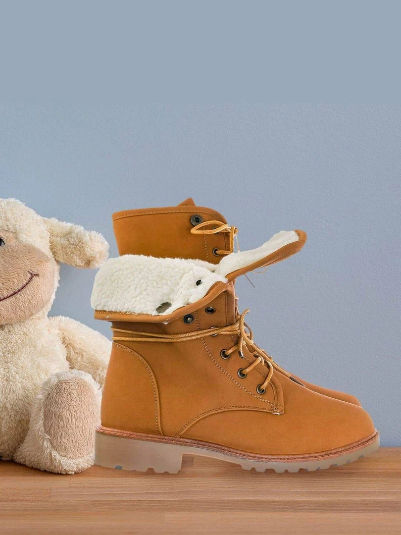 Forever Link New Whitney23K Girl Fold Lace Up Boot - Kid Faux Fur Shearling Lined Folded Collar