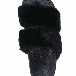 Bamboo Liv04 Faux Fur Footbed Slides - Cozy Double Strap Furry Contour Slide In Sandals