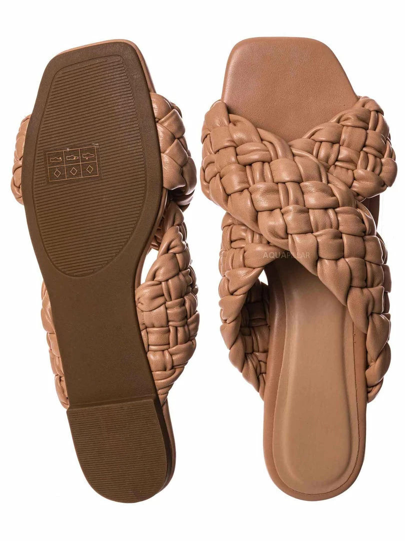 Bamboo Kick61 Thick Braided Woven Slides - Womens Open Squared Toe Slip On Mule Slipper New