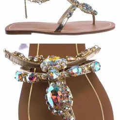 Bamboo Jewel44 Boho Rhinestone Crystal Thong Sandal - Women Bling Chain Link Gladiators