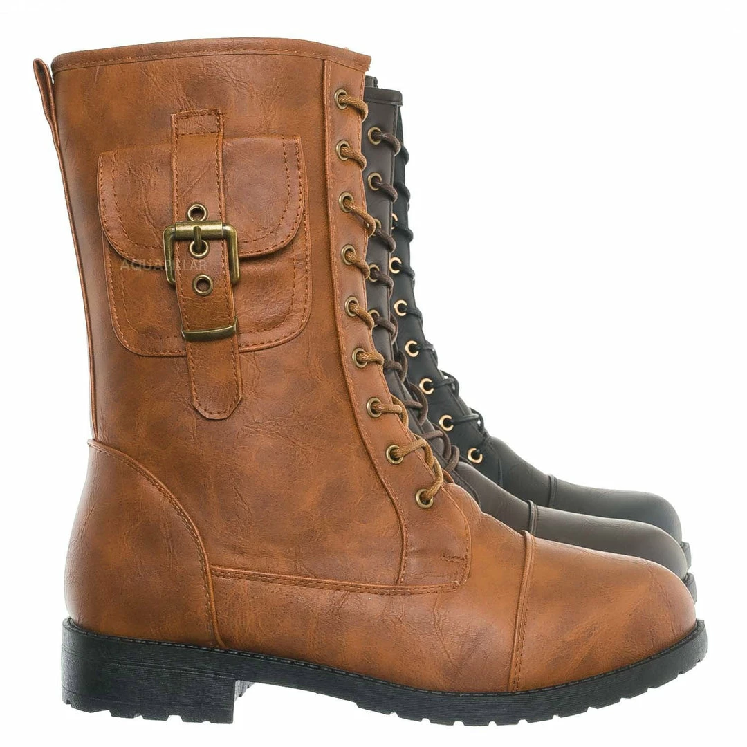 Forever Link New Mountain84 Combat Boots W Side Pocket - Men Women Lace Up Shoes