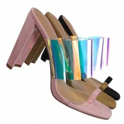 Glaze Clear1 Clear Iridescent Block Heel Sandal - Women Lucite Transparent Slide Mule New