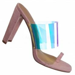 Glaze Clear1 Clear Iridescent Block Heel Sandal - Women Lucite Transparent Slide Mule New
