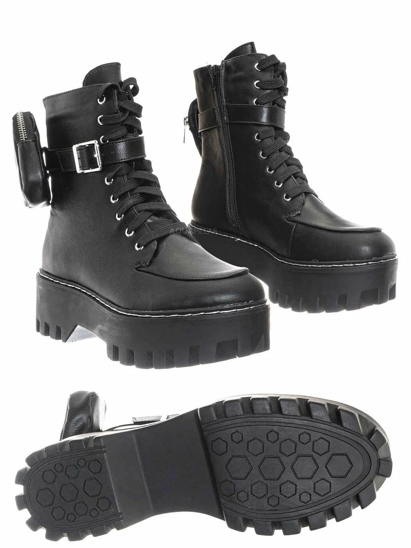 Bamboo New Staging09 Utilitarian Combat Biker Boots W Add On Purse Pocket Pouch