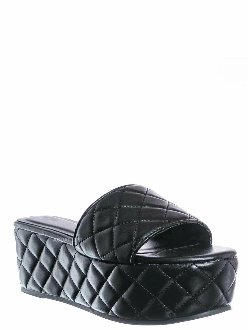 Bamboo New Purchase23 Quilted Flatform Slipper Mule - Platform Diamond Stitch Slide Sandals