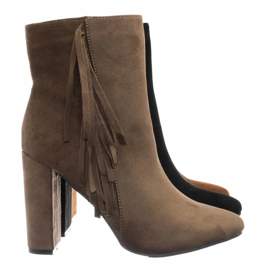 Breckelle's Lisa12 20s Retro Fringe Ankle Bootie - Flappy Tassel Block High Heel Dress Boots