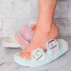 Liliana New Dearly3 Fluffy Faux Fur Footbed Slipper, Men Women Fuzzy Double Buckle Slides
