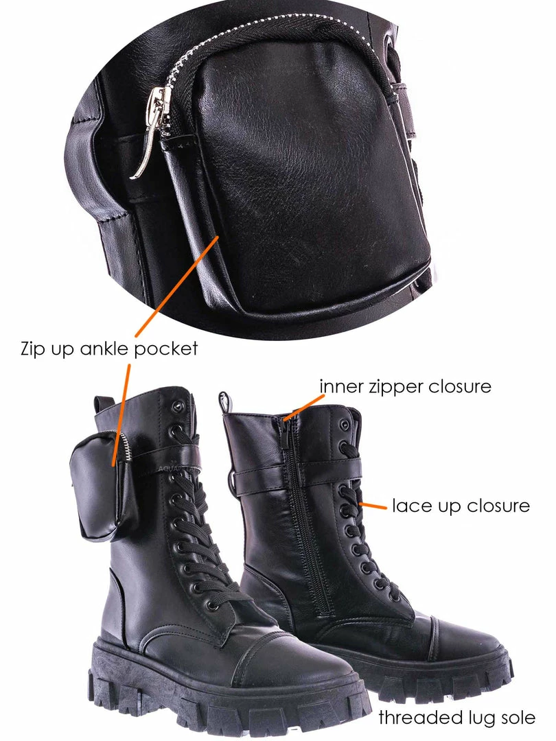 Bamboo New Staging09 Utilitarian Combat Biker Boots W Add On Purse Pocket Pouch