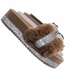 Bamboo Nighttime02 Faux Fur Rhinestone Flatform Slides - Molded Footbed Crystal Sandal New