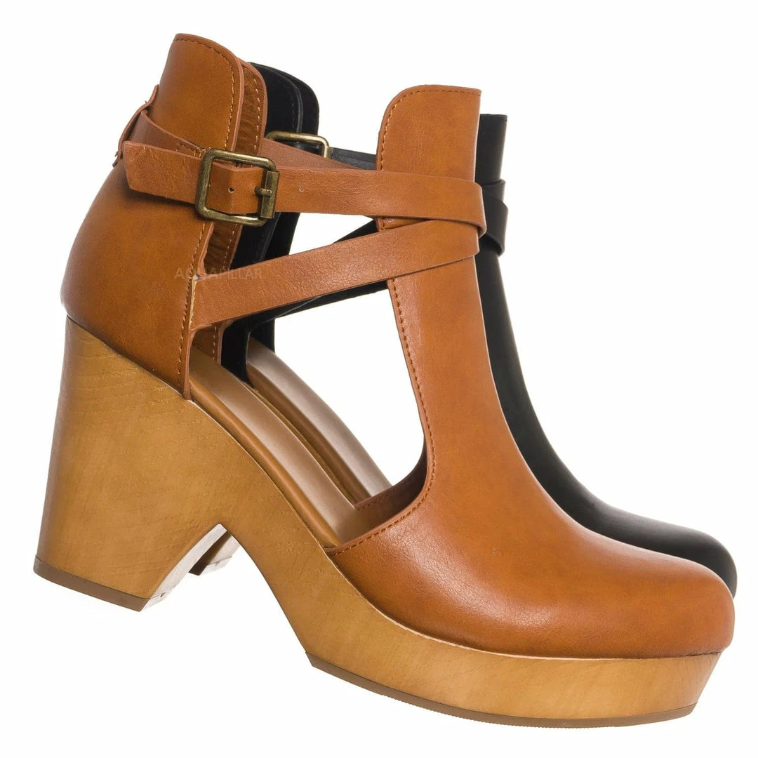Bamboo Advance01 Belted Side Cut-Out Bootie Clog, Women Lightweight Wooden Shoes