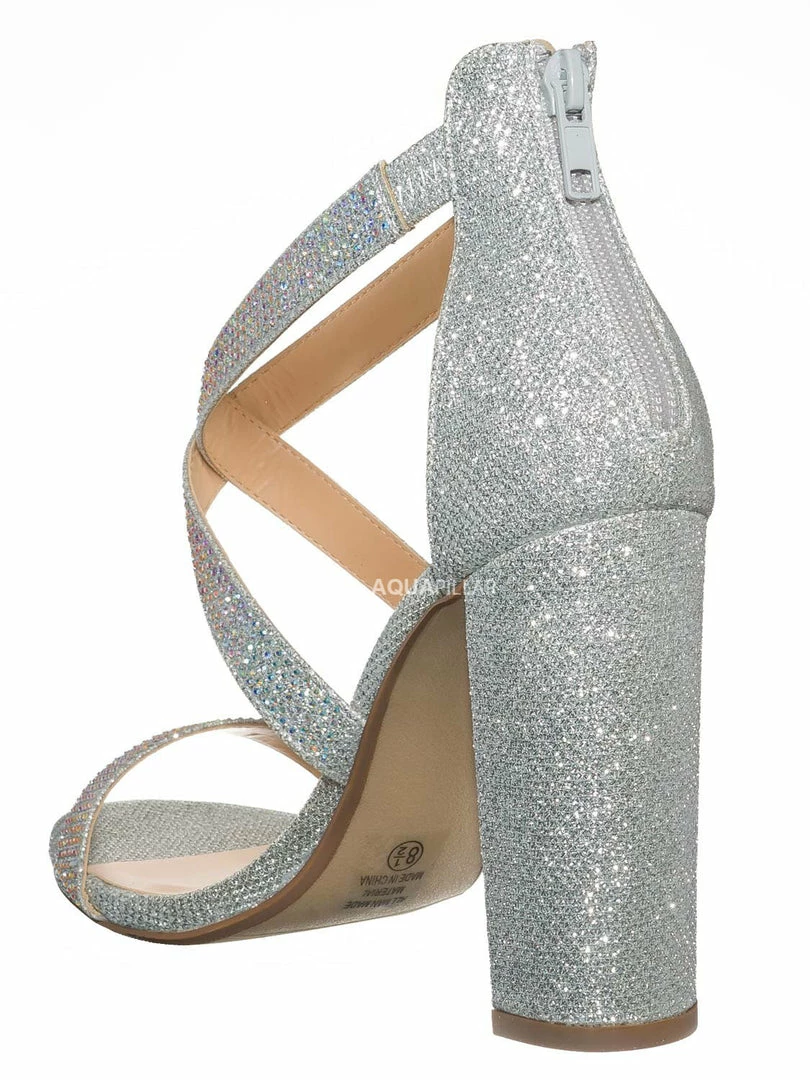 Delicious Polly Glitter Rhinestone Block Heel Sandal - Women Evening Dress Shoes