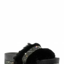 Bamboo Nighttime02 Faux Fur Rhinestone Flatform Slides - Molded Footbed Crystal Sandal New