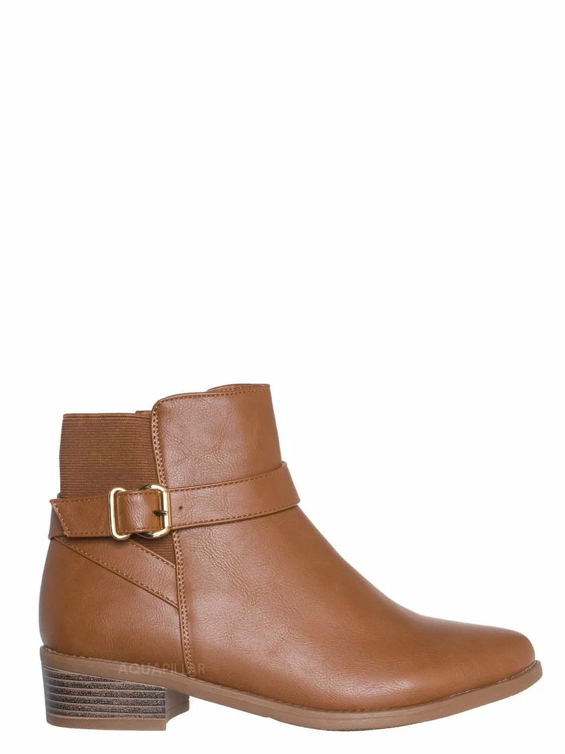 Top Moda Alana1 Elastic Chelsea Belted Ankle Bootie, Moto Block Heel Cowboy Biker Boot